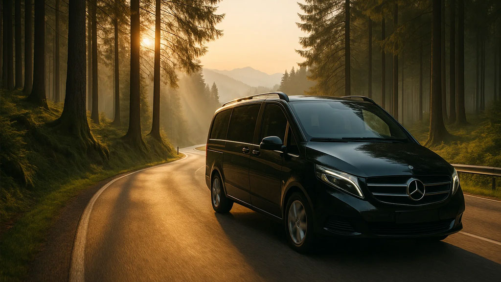 Private driver with guests on a scenic road through the Black Forest and Alsace vineyards